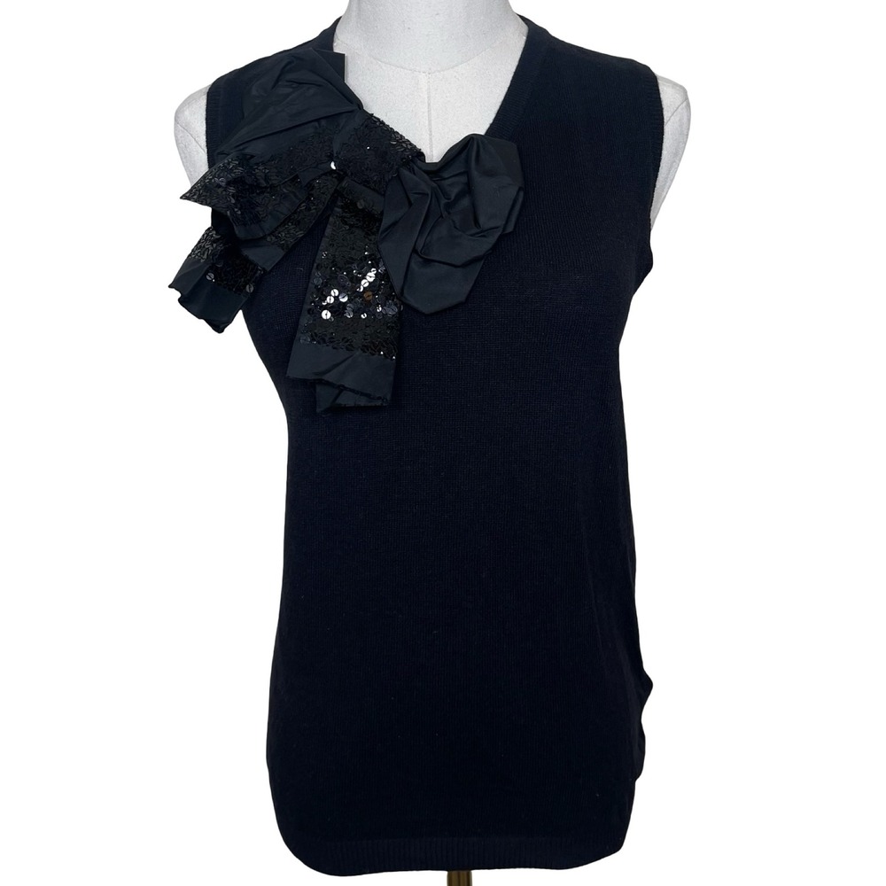 J.Crew Black Wool Cashmere Sleeveless Tank Sweater S Silk Sequin Bow Y2K Twee‎